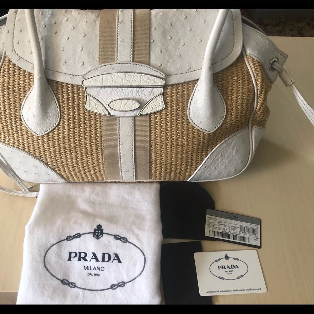 PRADA Paglia Strutto Ostrich Logos Handbag